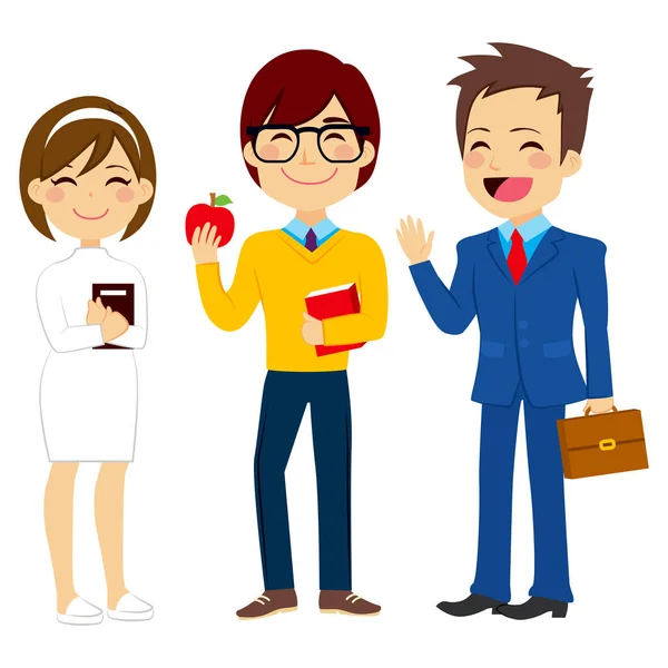 Ilustração Três Jovens Trabalhadores Personagens Diferentes Profissões — Vetor de Stock