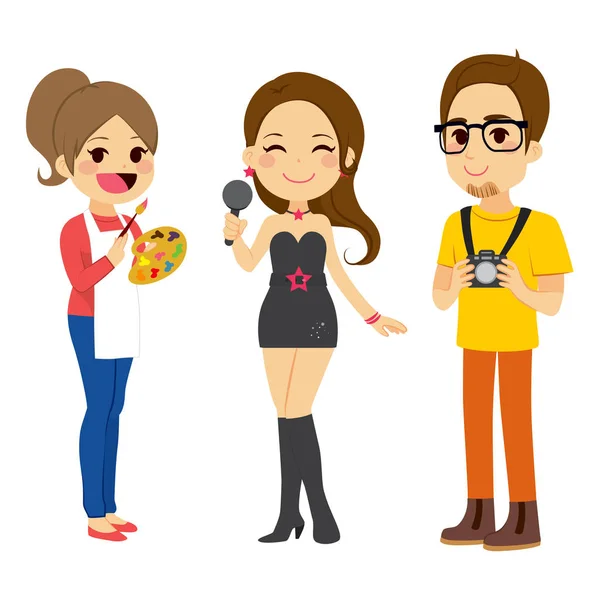 Illustration Three Young Artist People Characters Different Profession — Stock Vector