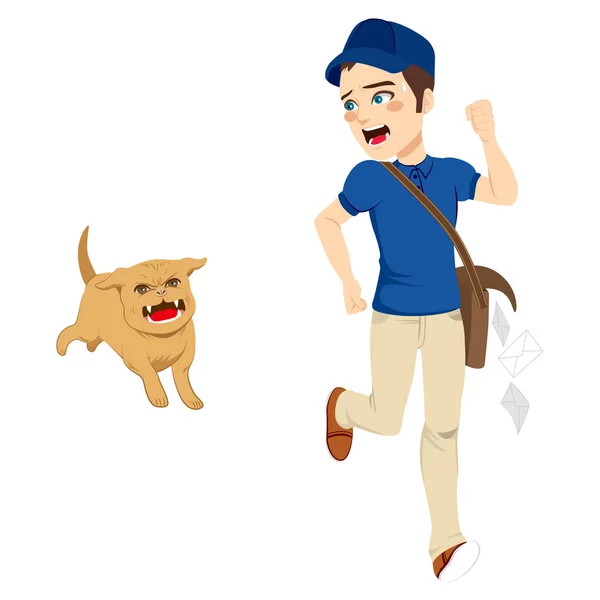 Tehlikeli Kızgın Köpek Uzakta Çalışan Çaresiz Postacı — Stok Vektör