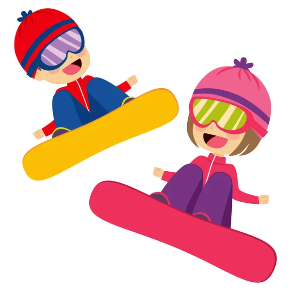 Gelukkig Schattige Jongen Meisje Broers Zussen Springen Met Snowboard — Stockvector