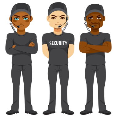 Strong bodyguard team of different ethnicity working in security wearing same black uniform with sunglasses and headset clipart