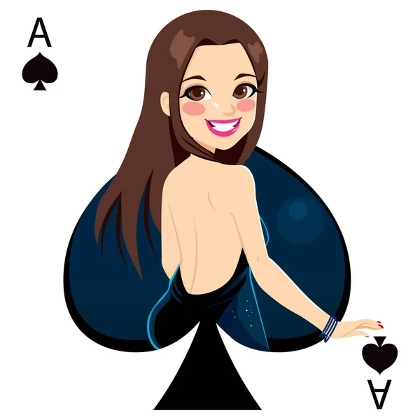 Menina Morena Bonita Representando Espadas Cartão Jogo Poker — Vetor de Stock