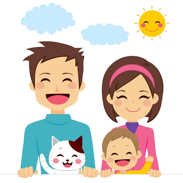 Linda Familia Feliz Tres Miembros Sonriendo Con Gato Mascota Sosteniendo — Vector de stock