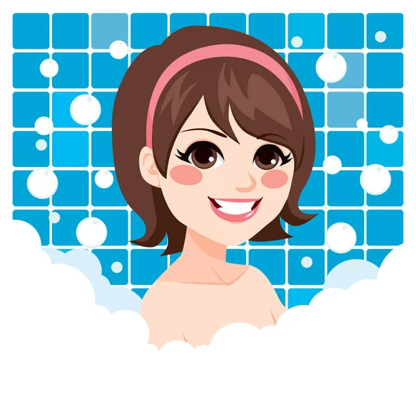 Beautiful Young Woman Relaxing Happy Foam Bubble Bath — Stock Vector