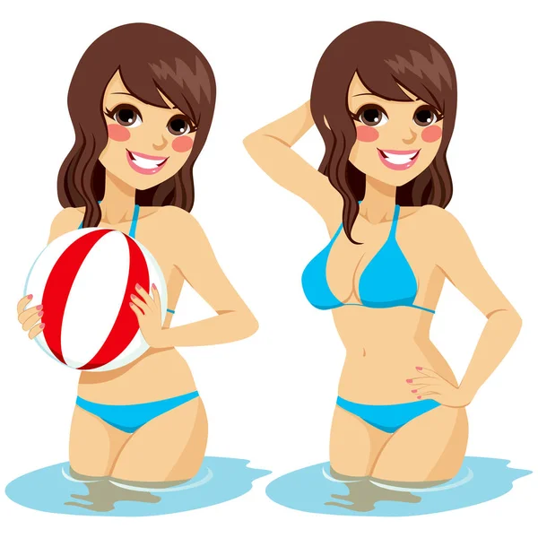 Beautiful Brunette Woman Two Different Positions Isolated Water Holding Beach — Stock Vector