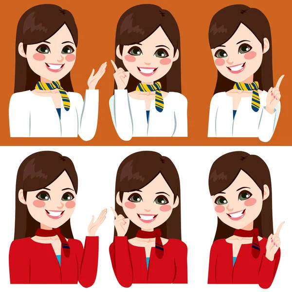 Hermosa Azafata Joven Sonriendo Haciendo Diferentes Expresiones Signos Mano Versión — Vector de stock