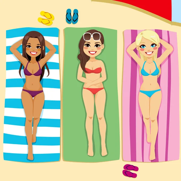 Three Beautiful Young Women Sunbathing Lying Beach Towels — Stock Vector