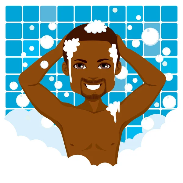 Afro Américain Bain Heureux Sur Salle Bain Avec Beaucoup Mousse — Image vectorielle