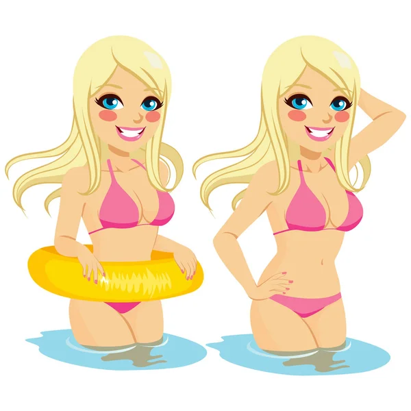 Beautiful Blonde Woman Two Different Positions Isolated Water Inflatable Rubber — Stock Vector