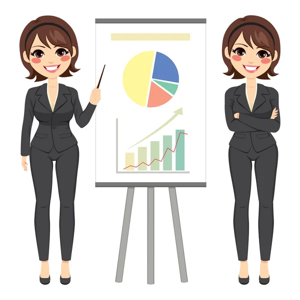 Businesswoman Explaining Finances Concept Happy Smiling Standing Next Flip Board — Stock Vector