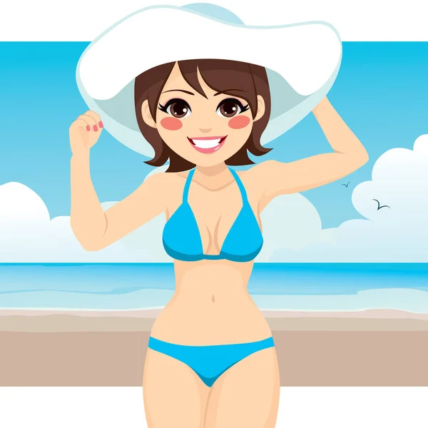 Beautiful Brunette Woman Wearing Blue Bikini Big White Hat Standing — Stock Vector