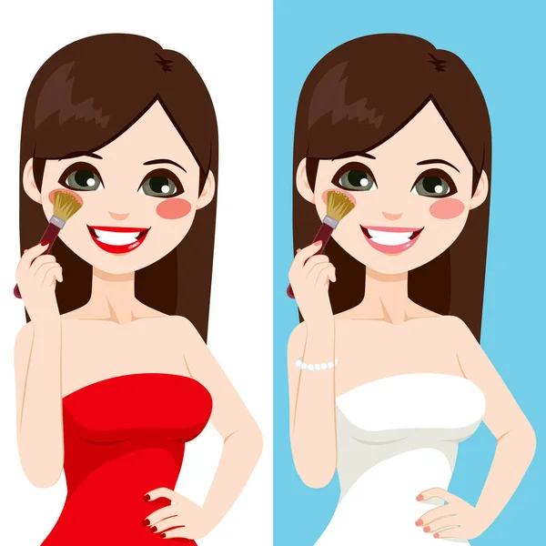 美丽的黑发年轻女子应用脸红与刷子在两个不同的颜色版本隔离在白色和蓝色的背景 — 图库矢量图片