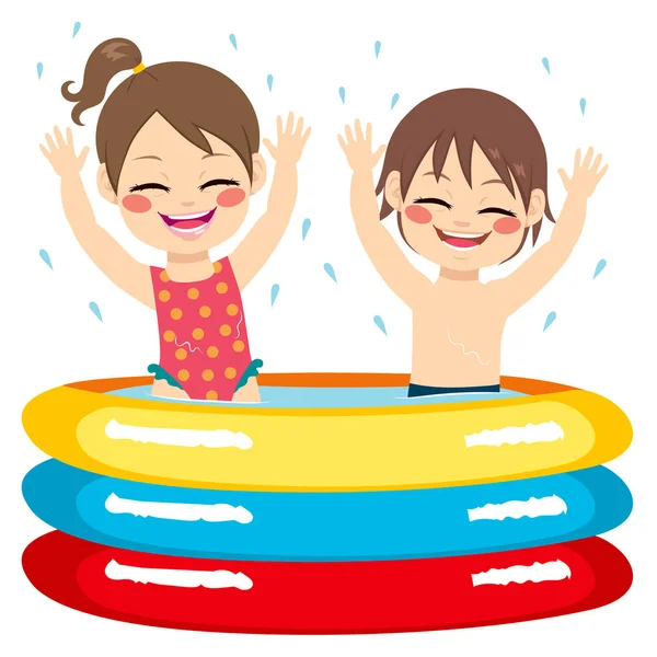 Leuke Lieve Broers Zussen Kinderen Plezier Opblaasbaar Zwembad — Stockvector