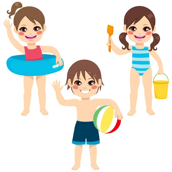 Ilustración Cuerpo Completo Tres Niñas Niños Pequeños Felices Sonriendo Con — Vector de stock