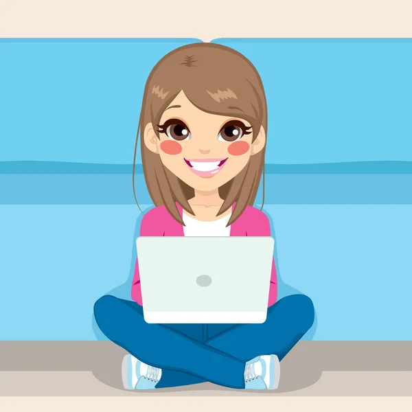 Cute Teenager Girl Sitting Floor Laptop Computer Her Lap — Stock Vector