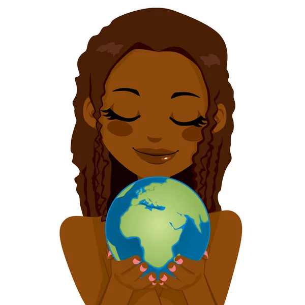 Beautiful African Woman Holding Earth Globe Showing Africa Middle East — Stock Vector