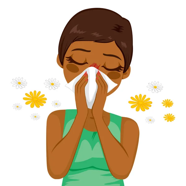 Young Sick African American Woman Ill Suffering Spring Allergy Using — Stock Vector