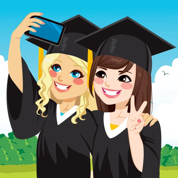 Dos Hermosas Chicas Estudiantes Celebración Del Día Graduación Tomando Selfie — Vector de stock