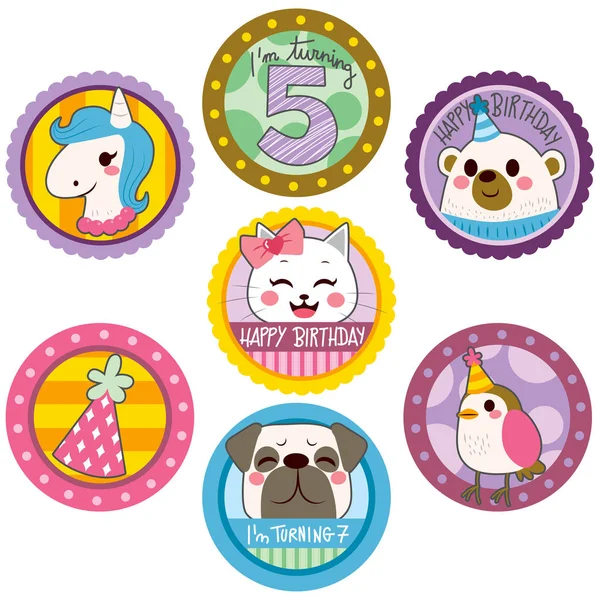 Happy Birthday Cute Stickers Funny Animals Party Elements — Stock Vector