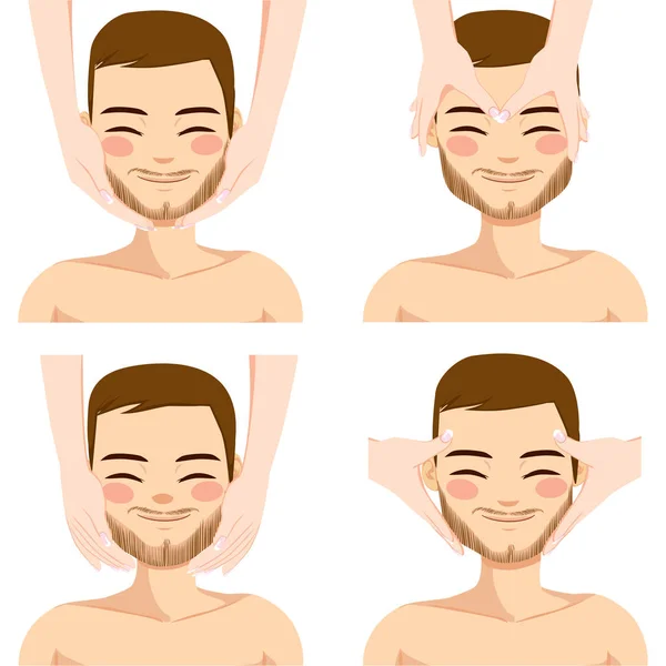 Kolekce Čtyř Obličejové Masážní Techniky Atraktivní Mladý Muž Izolovaných Bílém — Stockový vektor