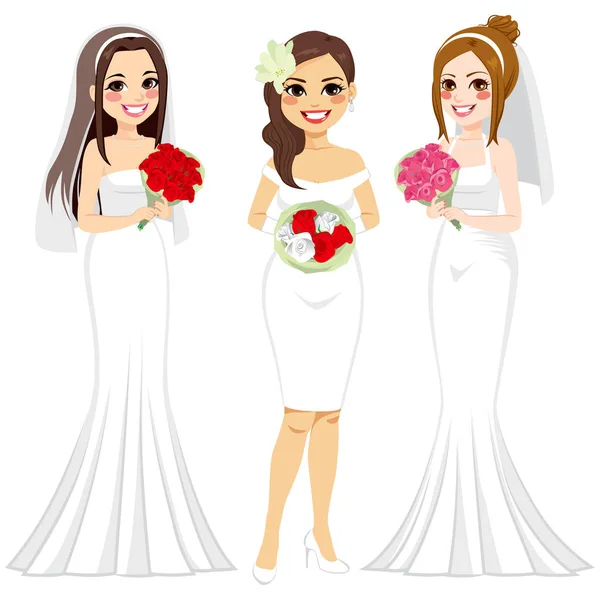三个完整的身体女人的性格穿着不同的新娘礼服收集风格与玫瑰花束 — 图库矢量图片