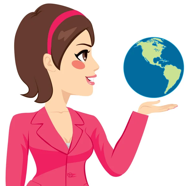 Side Businesswoman Holding World — Stock Vector