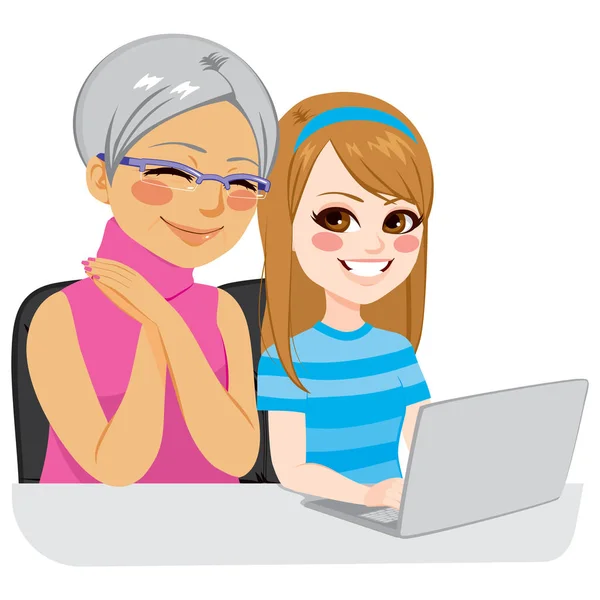 Εγγονή βοηθείας γιαγιά με Internet — Διανυσματικό Αρχείο