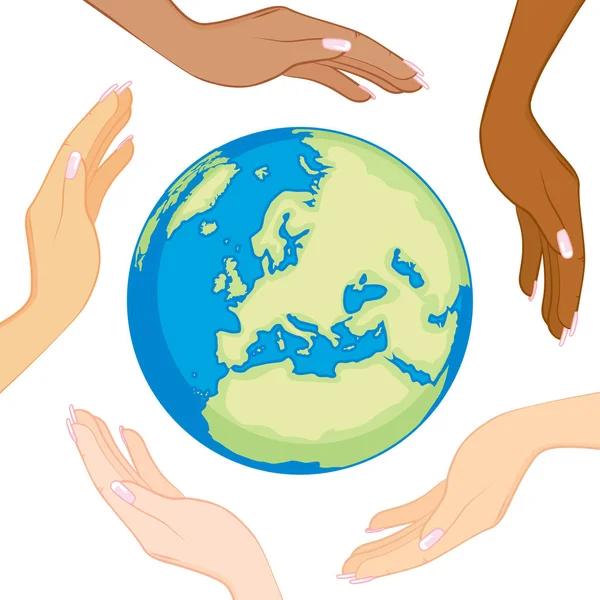 Diverse Ecology Globe Hands — Stock Vector