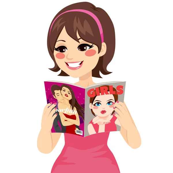 Mujer leyendo revista de moda — Vector de stock