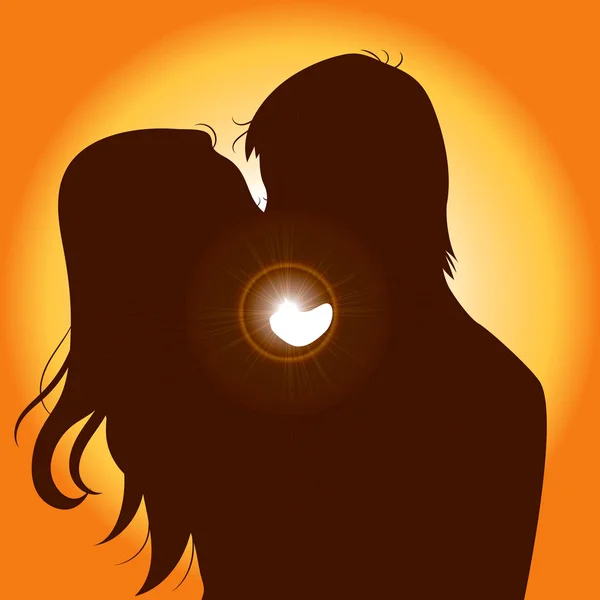 Pôr do sol silhueta casal beijo — Vetor de Stock