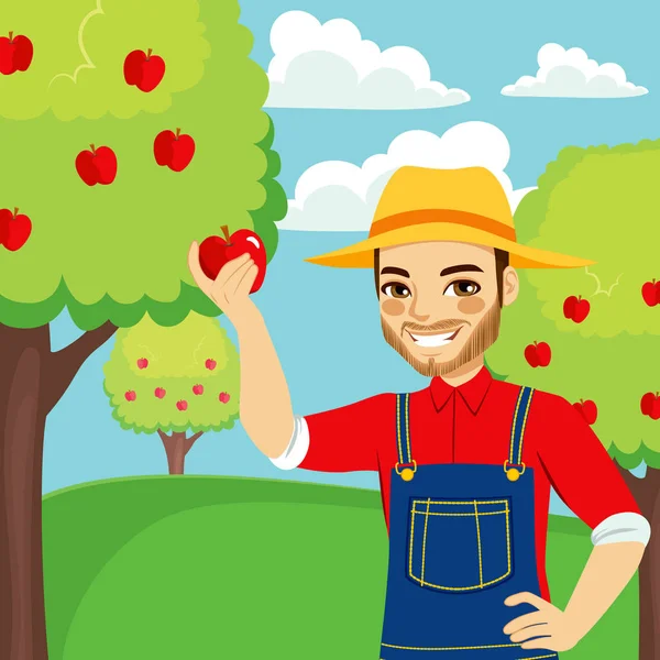 Landbouwer plukken rode appel — Stockvector