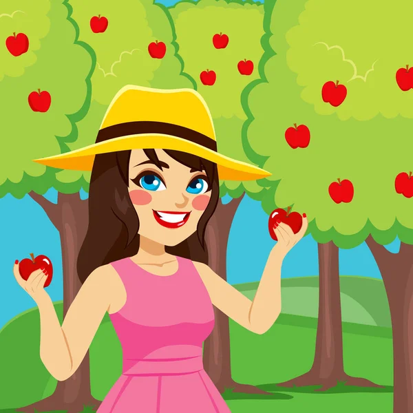 Vrouw die appels oogst — Stockvector
