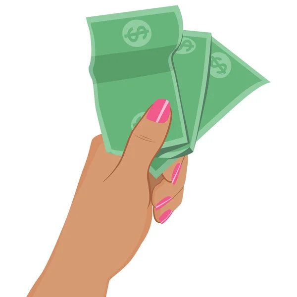 Mão feminina segurando notas de dólar — Vetor de Stock