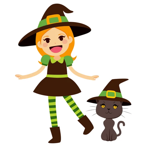 Zelená čarodějnice a kočka — Stockový vektor
