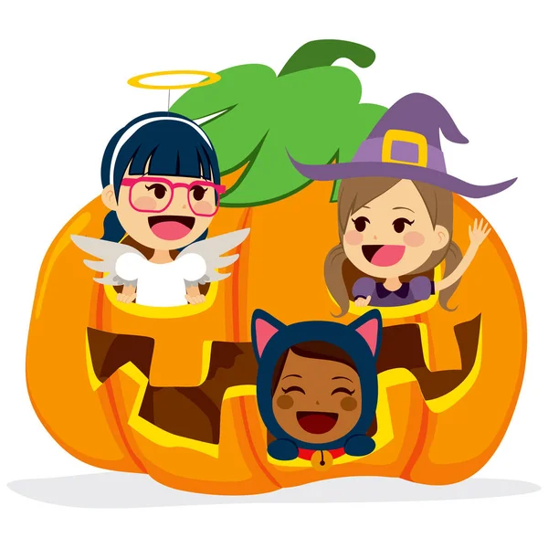 Niños dentro de calabaza de Halloween — Vector de stock