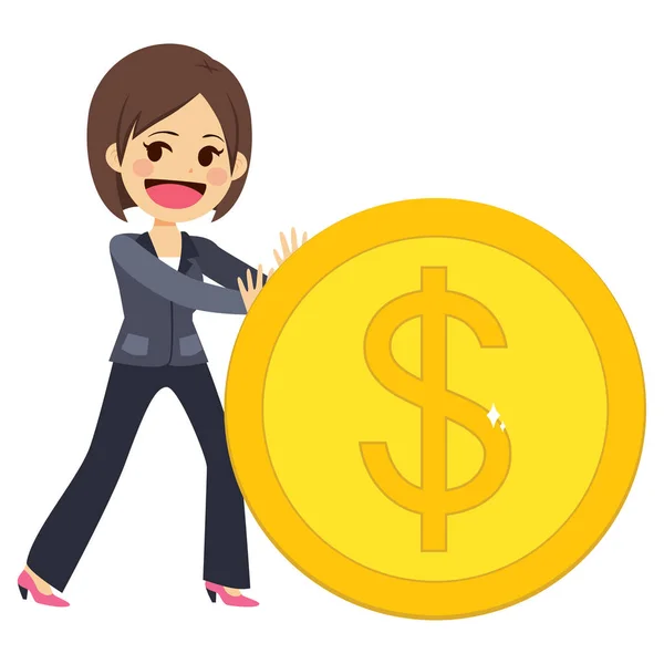 Mujer empresaria empujando monedas — Vector de stock