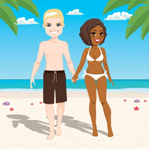 Interracial Couple Beach — Stock Vector