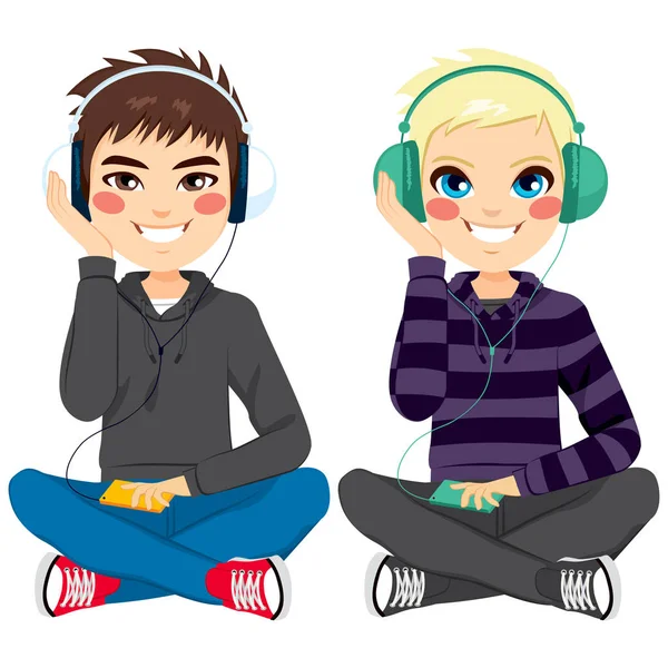 Niños con auriculares sentados — Vector de stock