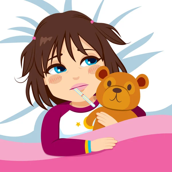 Little Girl Ill In Bed — Stock Vector