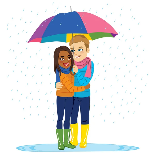 Lluvia pareja romántica — Vector de stock