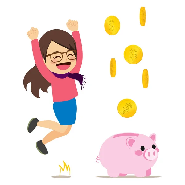Happy Woman Piggy Bank — Stock Vector