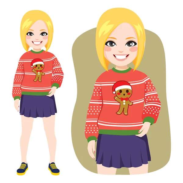 Ugly Christmas sweater blonde vrouw — Stockvector