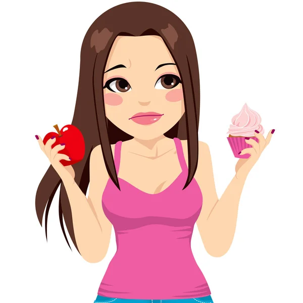 Mujer comiendo manzana o magdalena — Vector de stock