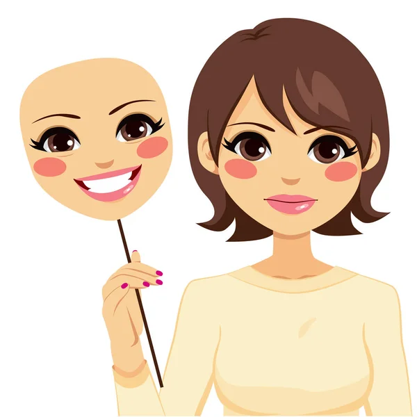Serious Woman Holding Happy Mask — Stock Vector