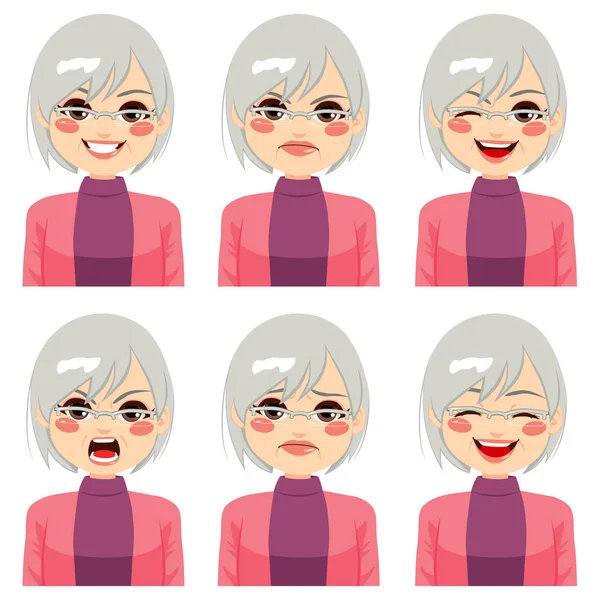 Senior vrouw gezichtsuitdrukkingen — Stockvector
