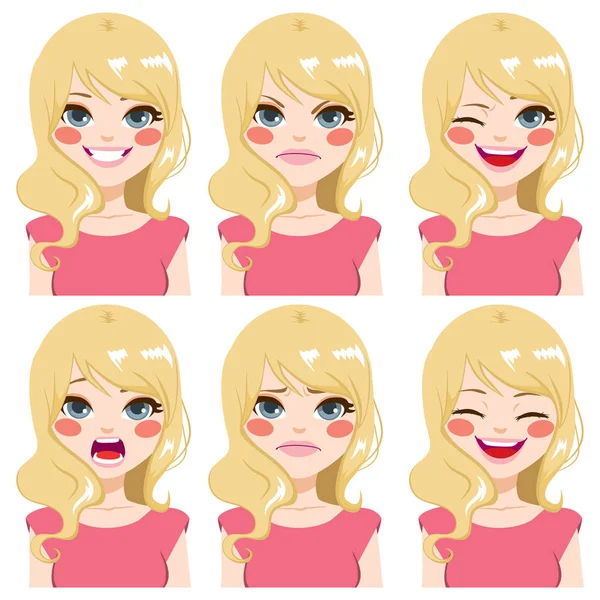 Blonde Girl Face Expressions — Stockvector