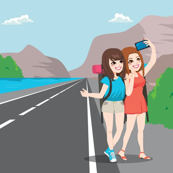 Travel Girl Friends Hitchhiking — Stockový vektor