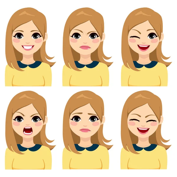 Long Hair Blonde Woman Expressions — Stock Vector