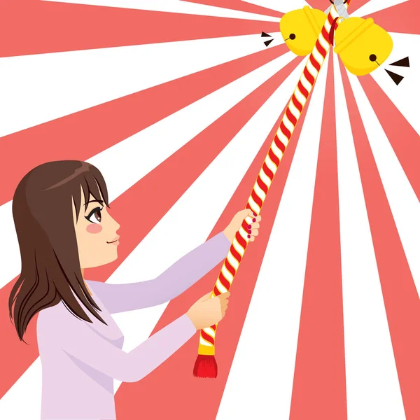 Woman Ringing Japanese Bell — Stock Vector