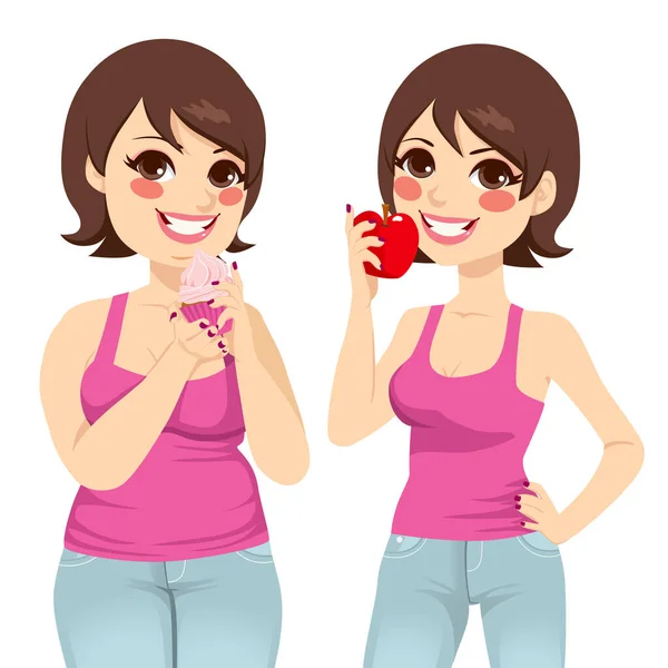 Mujer Gorda Sonriente Sosteniendo Una Magdalena Dulce Hermosa Mujer Delgada — Vector de stock